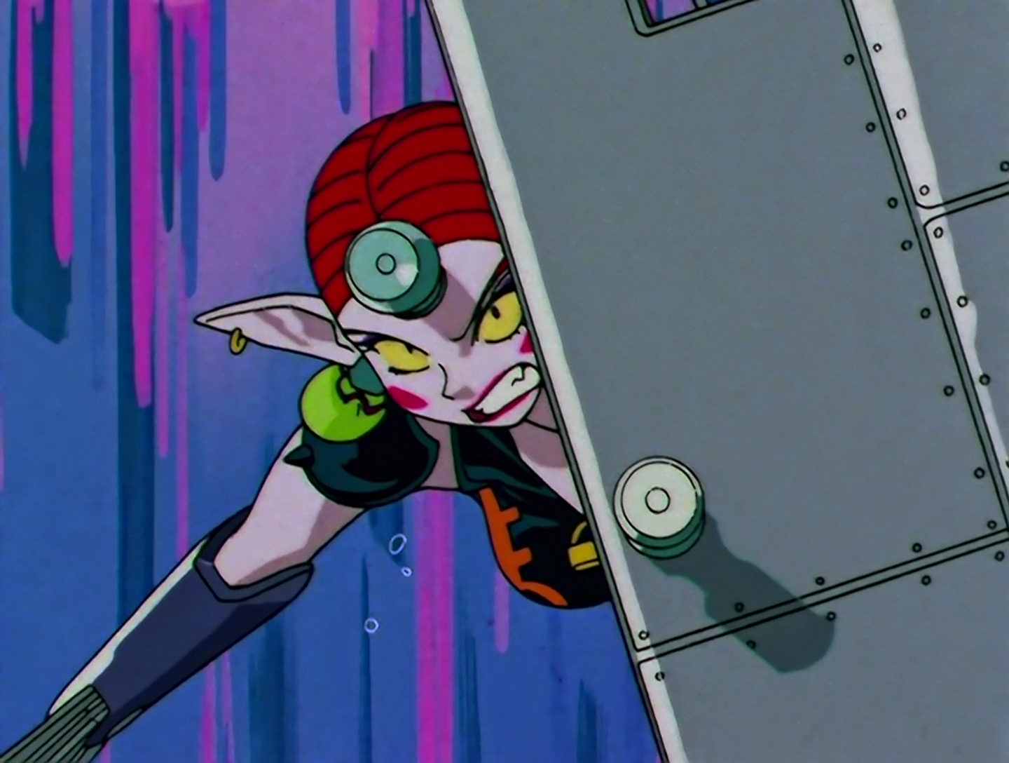 Doorknobdar, a Daimon from Sailor Moon episode 109. She has pale white skin, yellow eyes and red braided hair tied into buns that end in doorknobs. Also she has a doorknob on her forehead. Her outfit is black and orange, with locks attached, and spiked black shoulderpads. One of her arms is a giant set of lockpicks, and the other holds a large reinforced door made of metal panels.